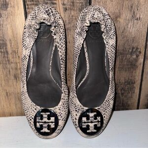 Tory Burch Reva Ballet Flats Shoes Leather Snakeskin Logo Medallion Brazil {7}